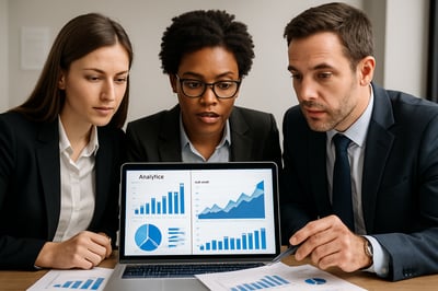 Business professionals reviewing analytics and digital growth charts Business professionals reviewing analytics and digital growth charts